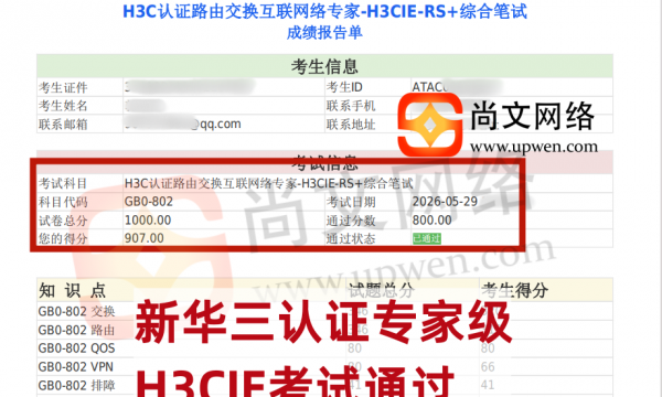 5.29日战报-恭喜郭学员新华三认证专家级H3CIE-RS+考试通过